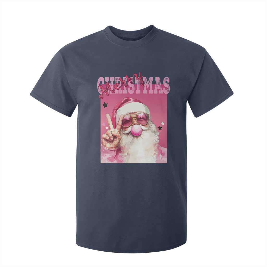 Pink Santa Retro Christmas T Shirt For Kid Blowing Bubble Pink Xmas Matching Family Group Party TS10 Navy Print Your Wear
