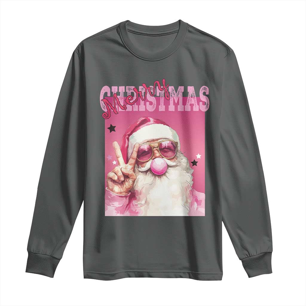 Pink Santa Retro Christmas Long Sleeve Shirt Blowing Bubble Pink Xmas Matching Family Group Party TS10 Dark Heather Print Your Wear