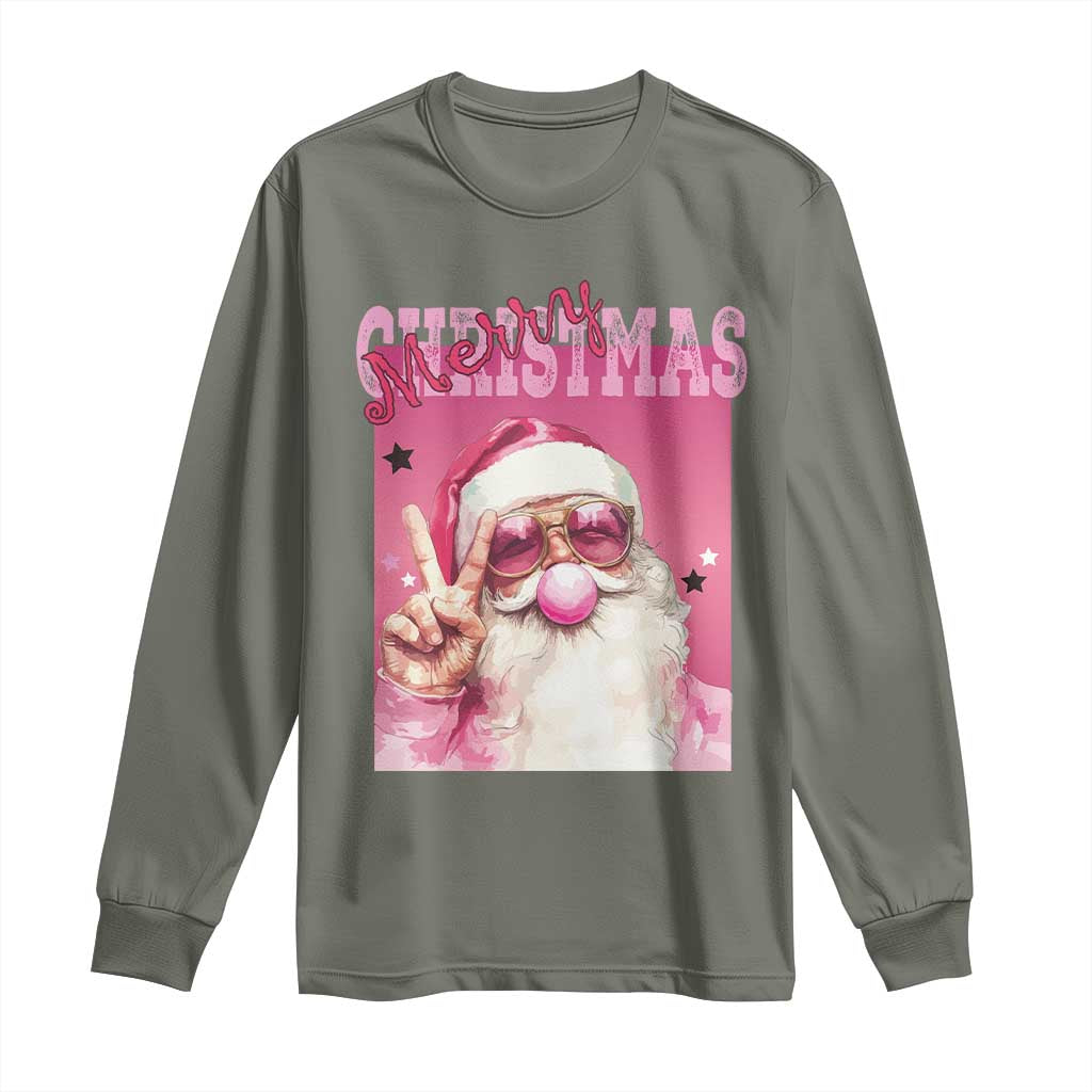 Pink Santa Retro Christmas Long Sleeve Shirt Blowing Bubble Pink Xmas Matching Family Group Party TS10 Military Green Print Your Wear