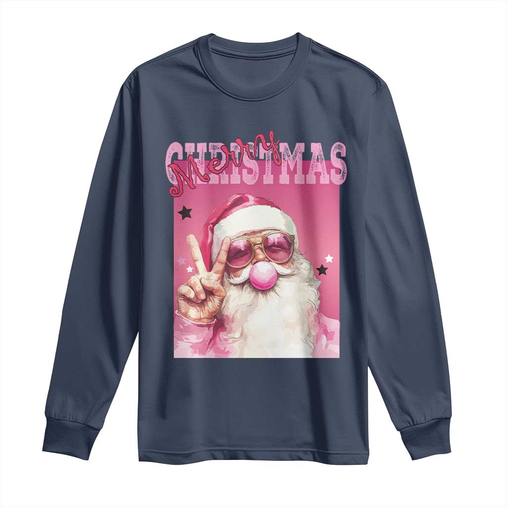 Pink Santa Retro Christmas Long Sleeve Shirt Blowing Bubble Pink Xmas Matching Family Group Party TS10 Navy Print Your Wear