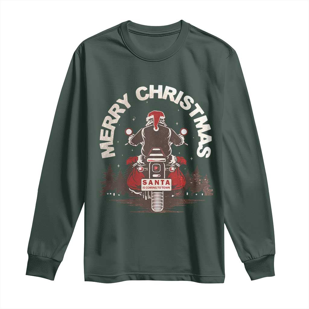 Motorcycle Christmas Long Sleeve Shirt Santa Riding to Town Merry Xmas TS10 Dark Forest Green Print Your Wear