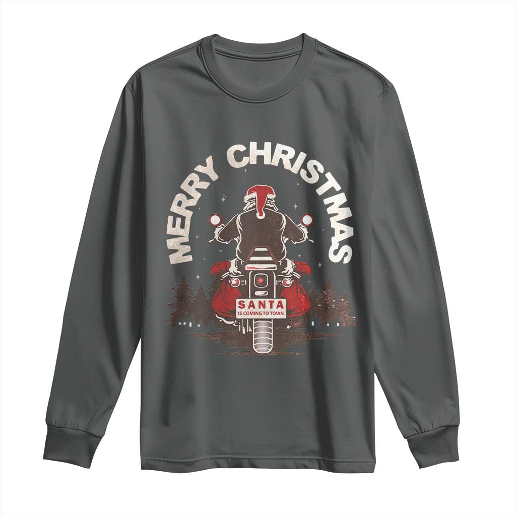 Motorcycle Christmas Long Sleeve Shirt Santa Riding to Town Merry Xmas TS10 Dark Heather Print Your Wear