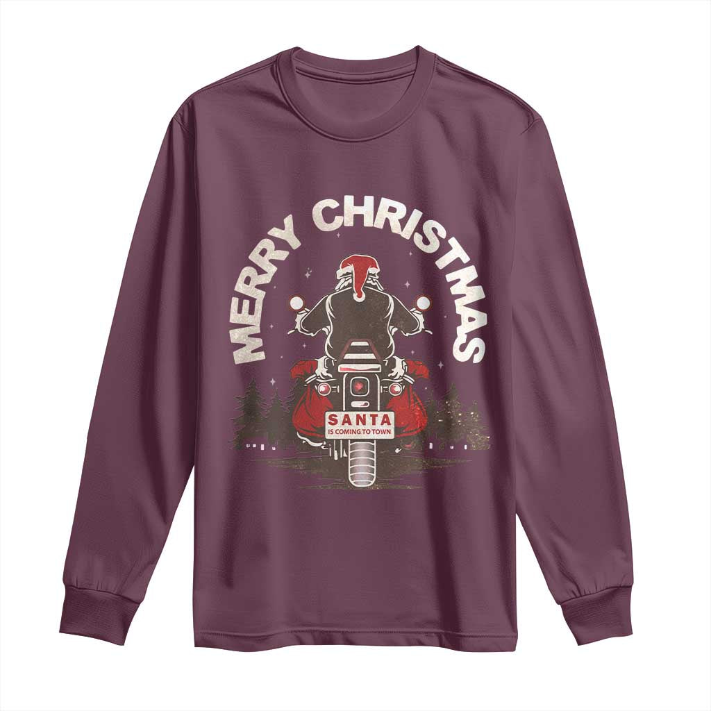 Motorcycle Christmas Long Sleeve Shirt Santa Riding to Town Merry Xmas TS10 Maroon Print Your Wear