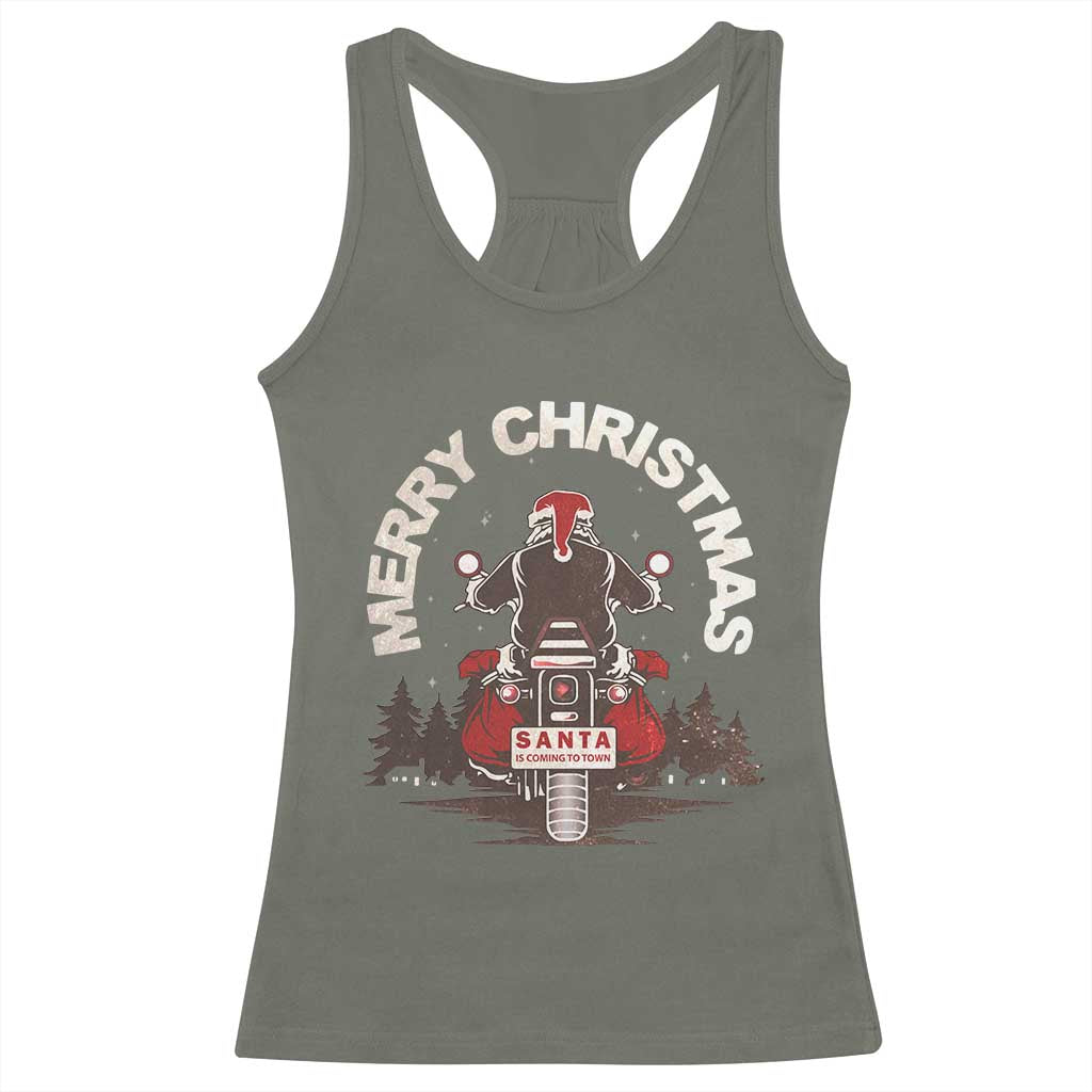 Motorcycle Christmas Racerback Tank Top Santa Riding to Town Merry Xmas TS10 Military Green Print Your Wear