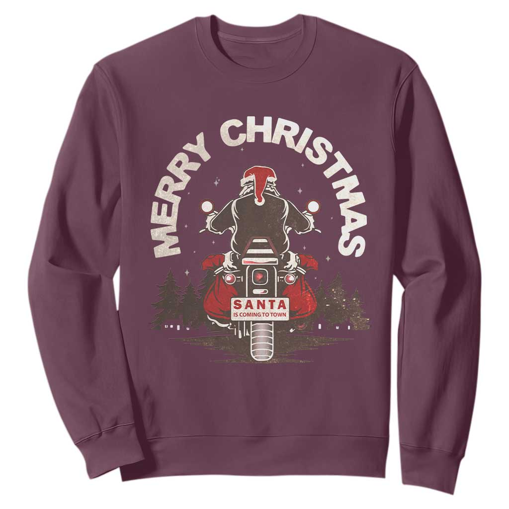 Motorcycle Christmas Sweatshirt Santa Riding to Town Merry Xmas TS10 Maroon Print Your Wear