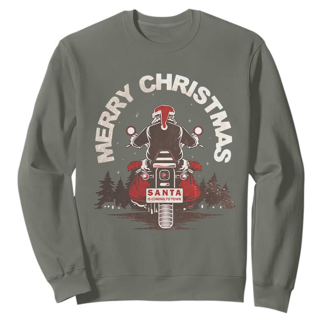 Motorcycle Christmas Sweatshirt Santa Riding to Town Merry Xmas TS10 Military Green Print Your Wear