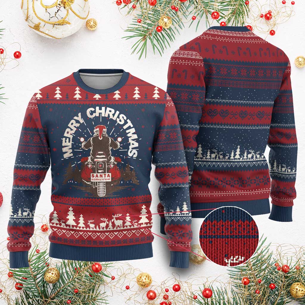Motorcycle Ugly Christmas Sweater Santa Riding to Town Merry Xmas TS10 Burgundy Print Your Wear
