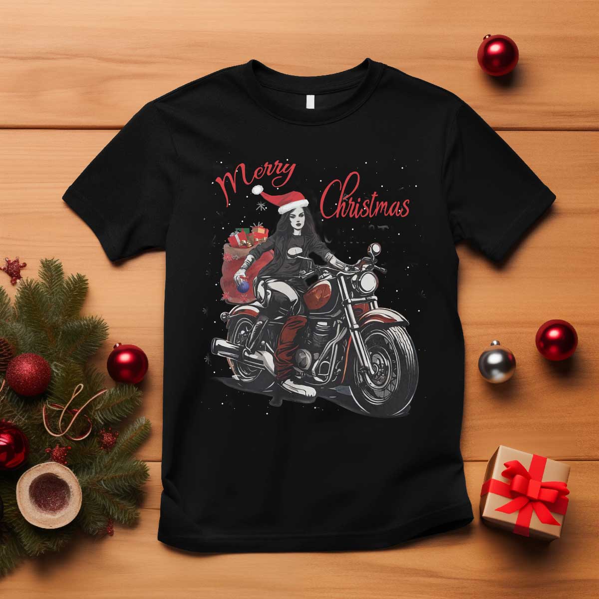 Girl Motorcycle Santa T Shirt Lady Biker Merry Christmas TS10 Black Print Your Wear