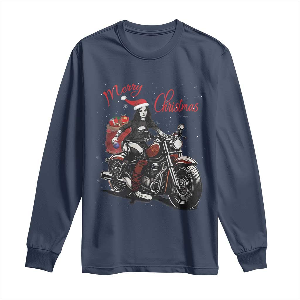 Girl Motorcycle Santa Long Sleeve Shirt Lady Biker Merry Christmas TS10 Navy Print Your Wear