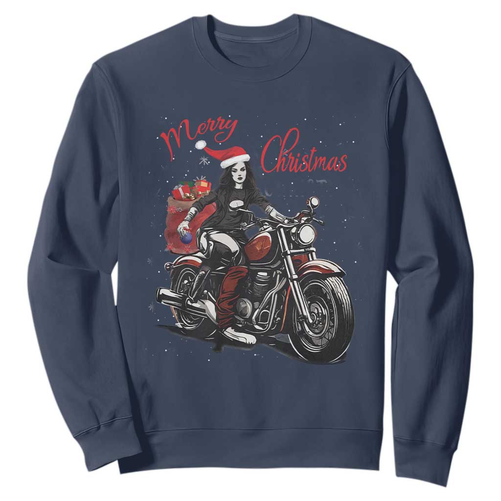 Girl Motorcycle Santa Sweatshirt Lady Biker Merry Christmas TS10 Navy Print Your Wear
