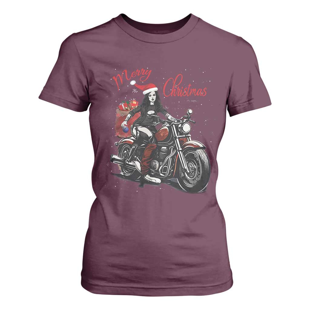 Girl Motorcycle Santa T Shirt For Women Lady Biker Merry Christmas TS10 Maroon Print Your Wear