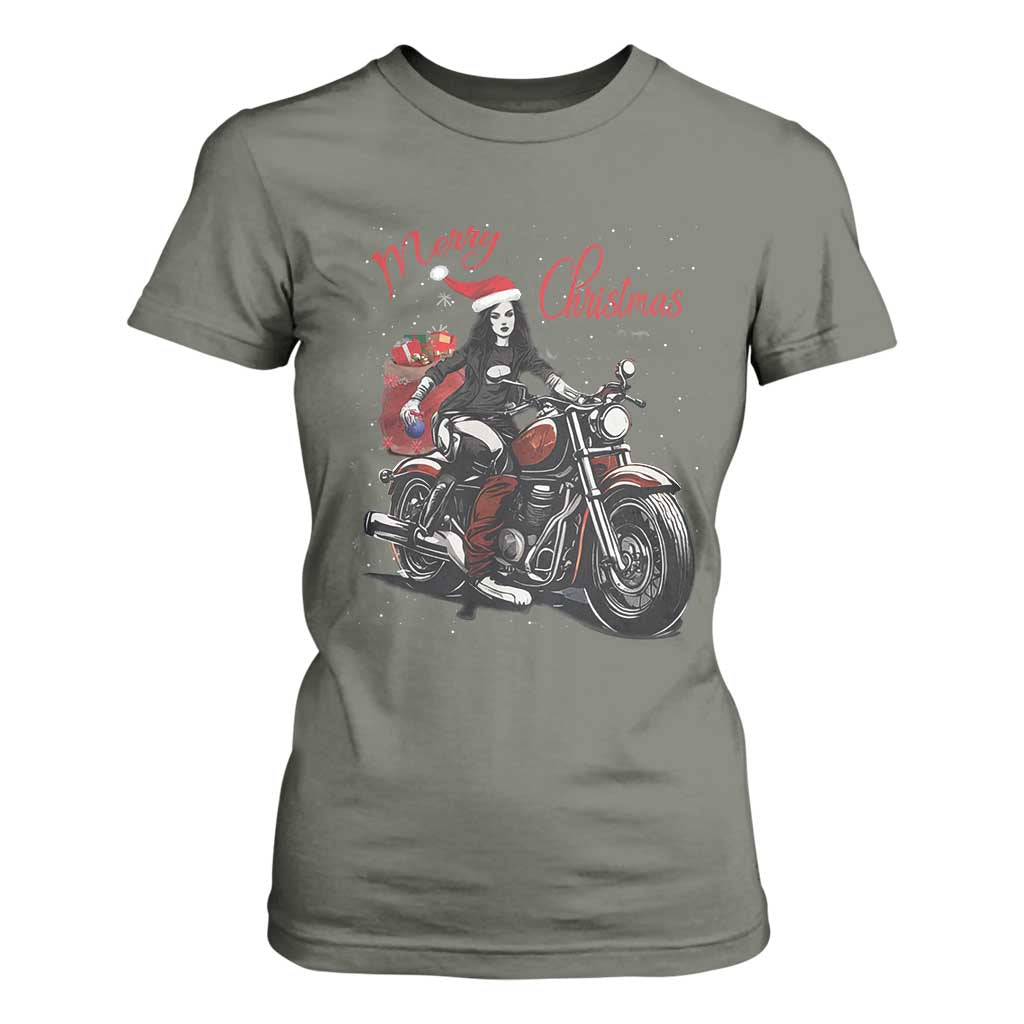 Girl Motorcycle Santa T Shirt For Women Lady Biker Merry Christmas TS10 Military Green Print Your Wear