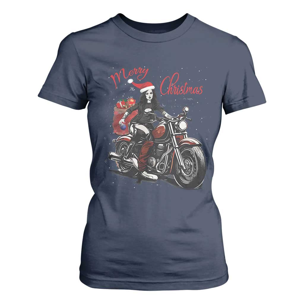 Girl Motorcycle Santa T Shirt For Women Lady Biker Merry Christmas TS10 Navy Print Your Wear