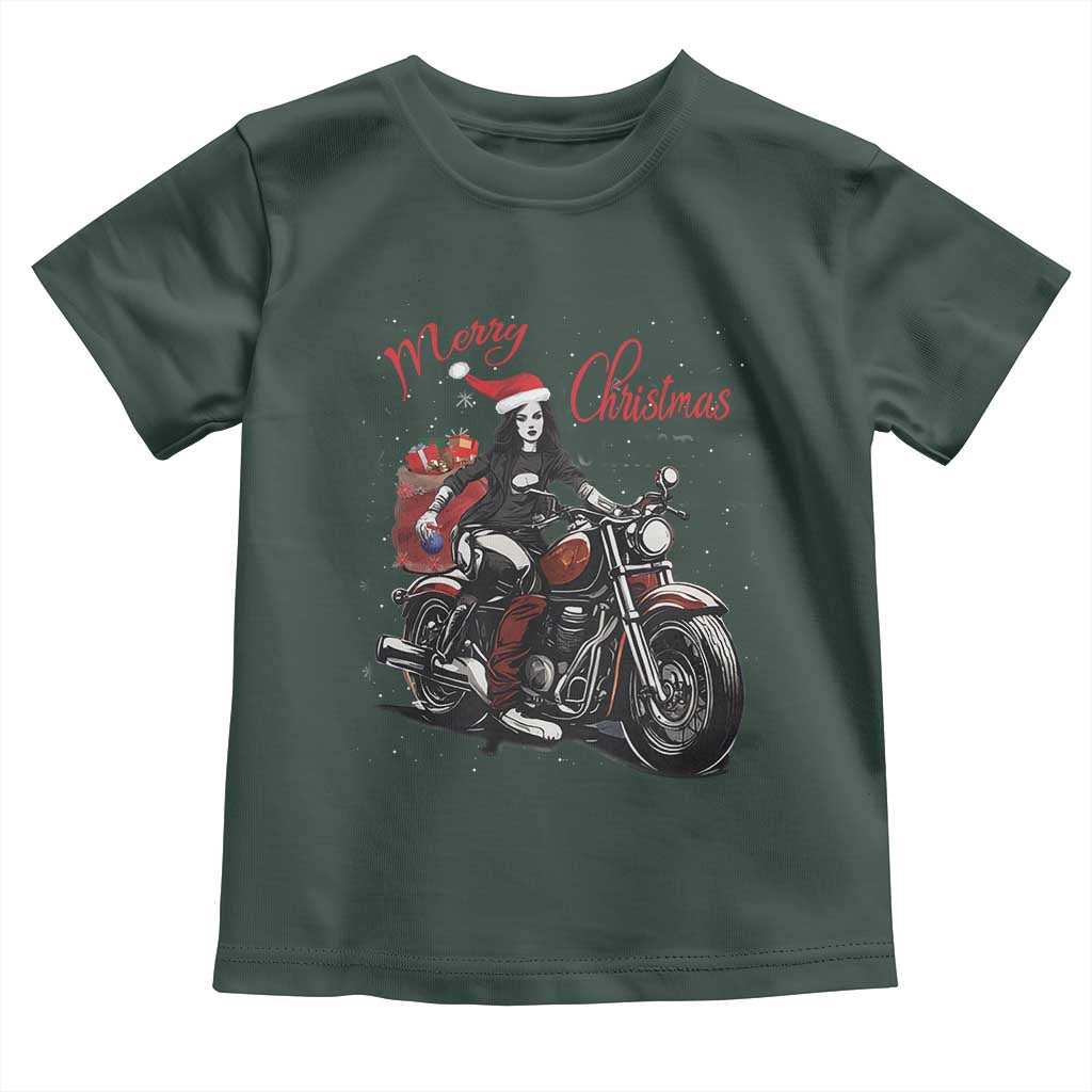 Girl Motorcycle Santa Toddler T Shirt Lady Biker Merry Christmas TS10 Dark Forest Green Print Your Wear