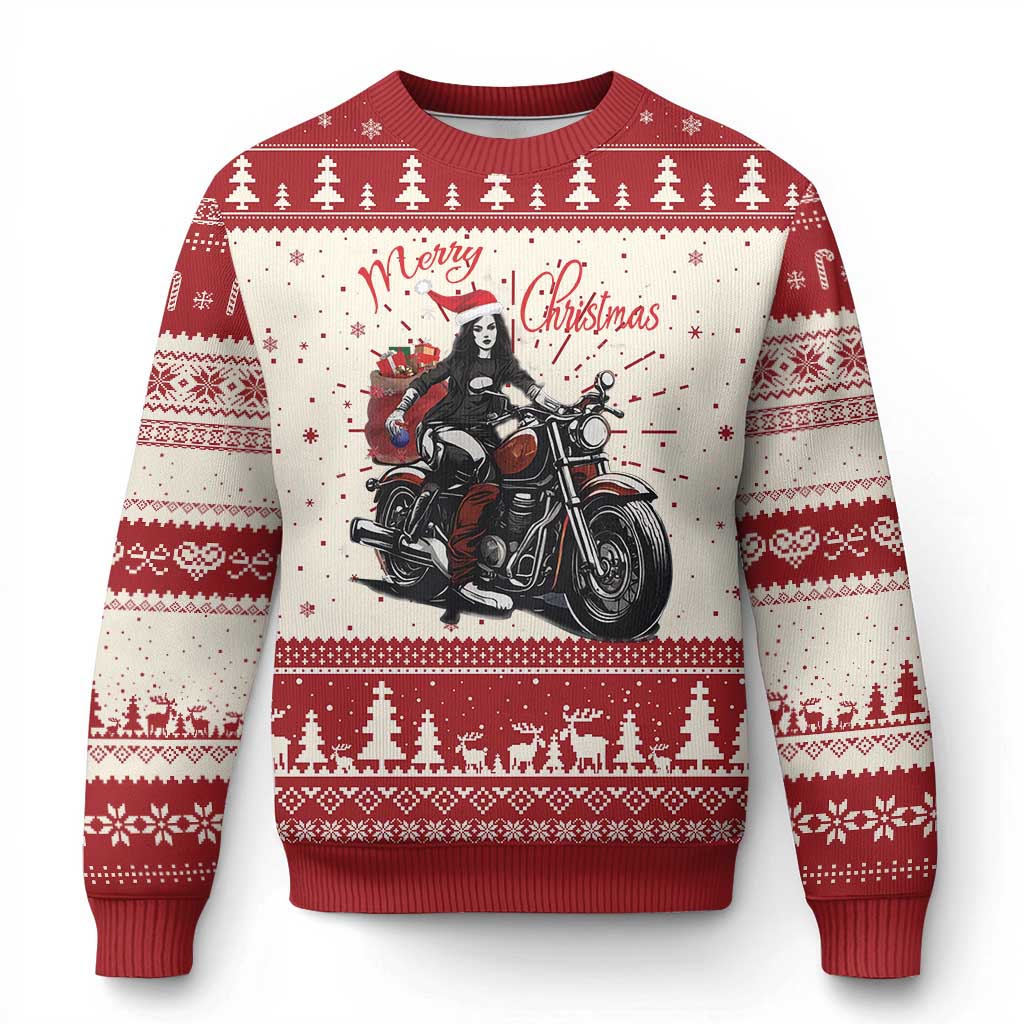 Girl Motorcycle Santa Ugly Christmas Sweater Lady Biker Merry Christmas TS10 Red Print Your Wear