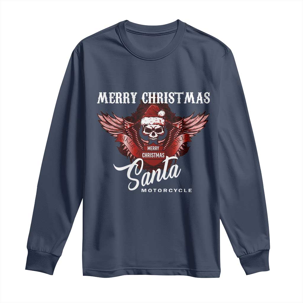 Motorcycle Biker Santa Long Sleeve Shirt Merry Christmas Skull Xmas TS10 Navy Print Your Wear