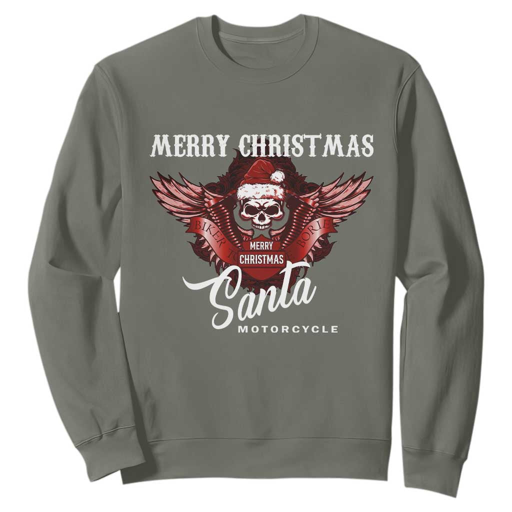 Motorcycle Biker Santa Sweatshirt Merry Christmas Skull Xmas TS10 Military Green Print Your Wear