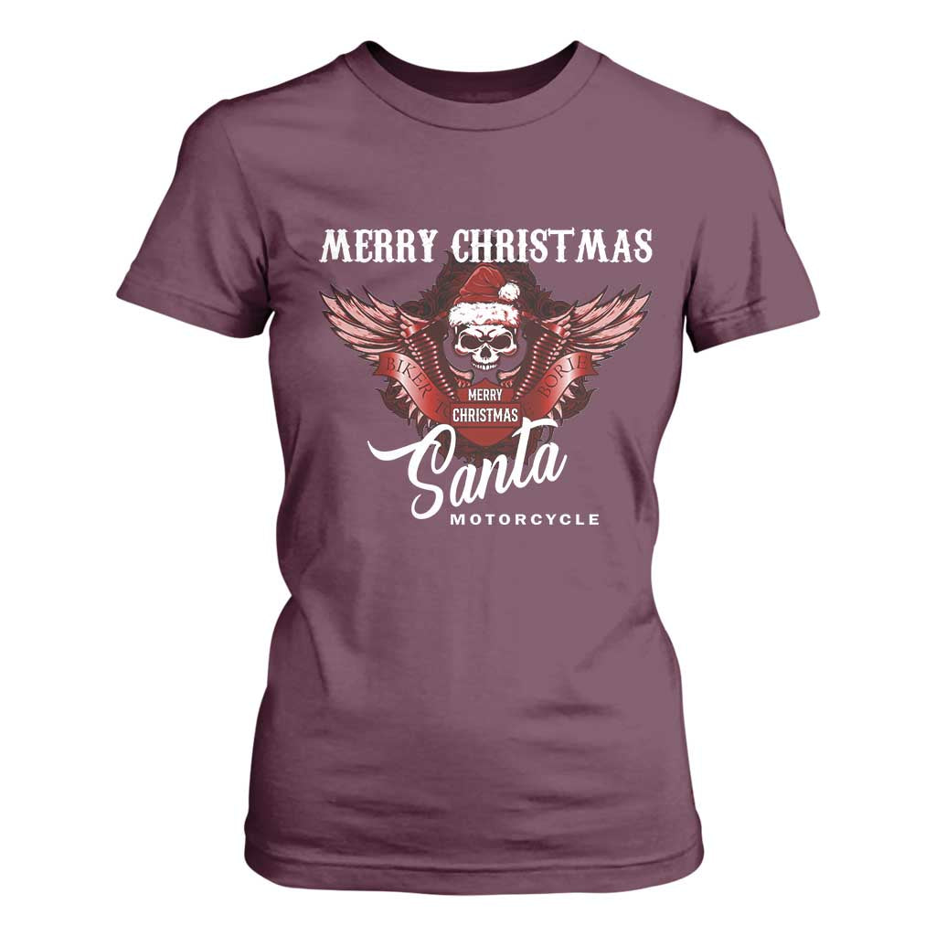 Motorcycle Biker Santa T Shirt For Women Merry Christmas Skull Xmas TS10 Maroon Print Your Wear