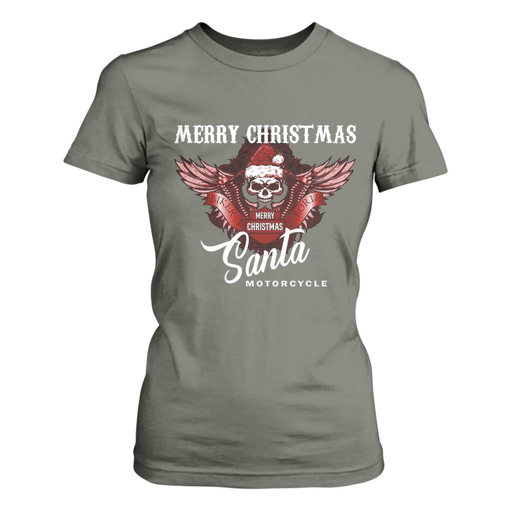 Motorcycle Biker Santa T Shirt For Women Merry Christmas Skull Xmas TS10 Military Green Print Your Wear
