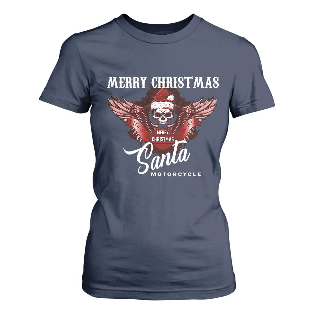 Motorcycle Biker Santa T Shirt For Women Merry Christmas Skull Xmas TS10 Navy Print Your Wear