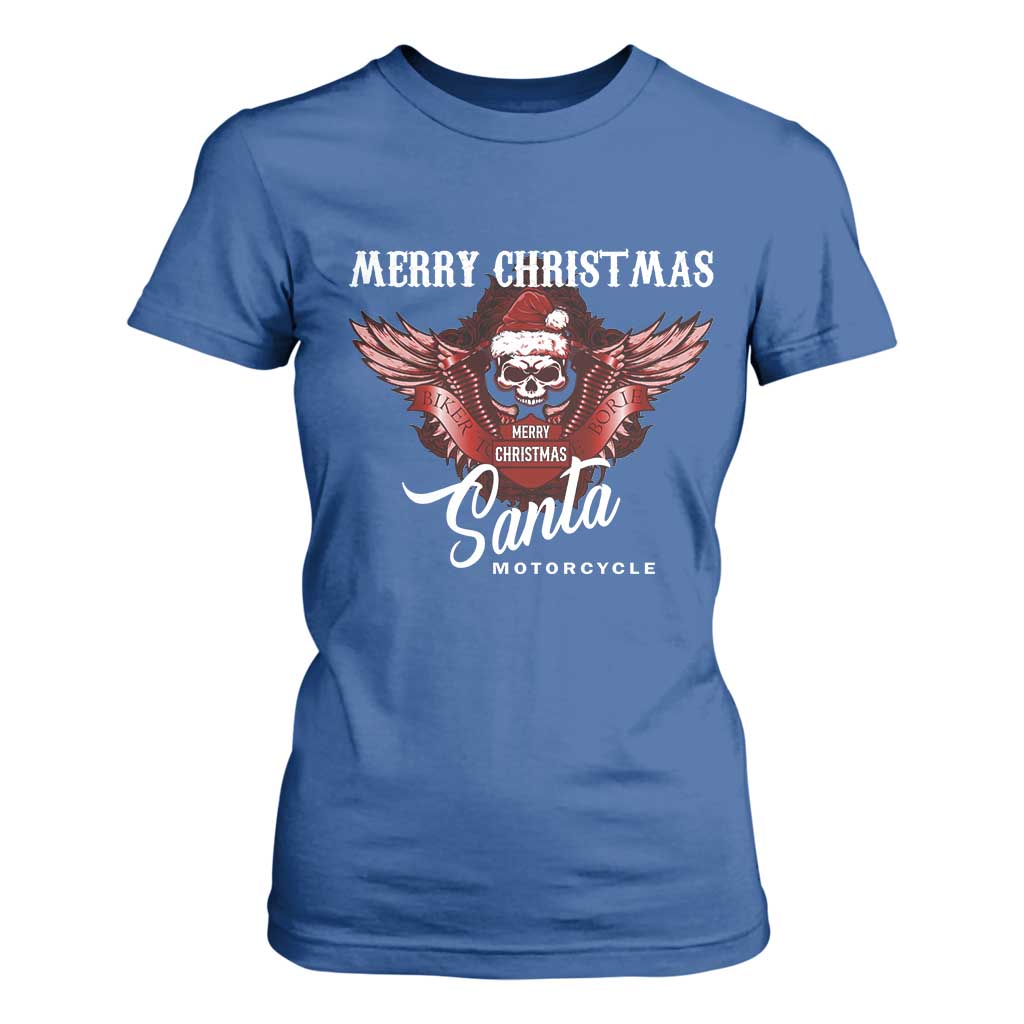 Motorcycle Biker Santa T Shirt For Women Merry Christmas Skull Xmas TS10 Royal Blue Print Your Wear