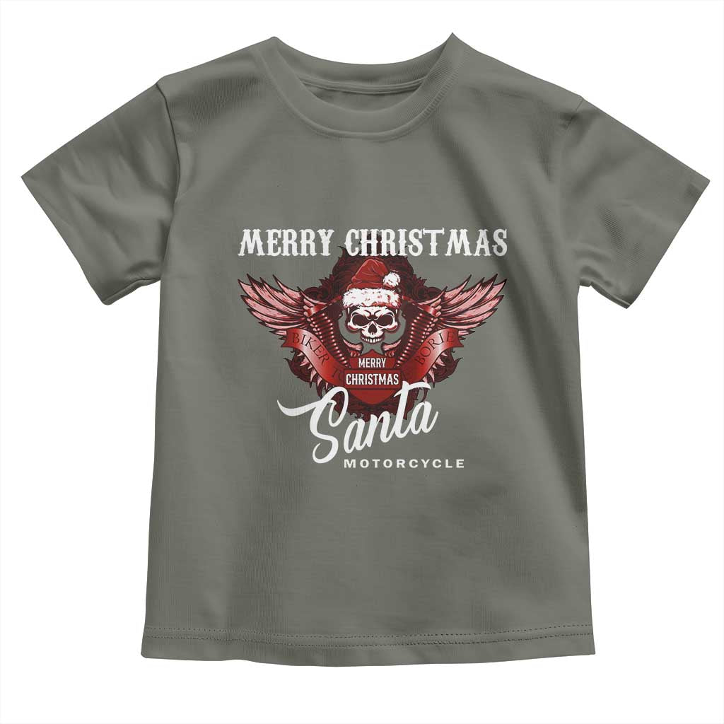 Motorcycle Biker Santa Toddler T Shirt Merry Christmas Skull Xmas TS10 Military Green Print Your Wear