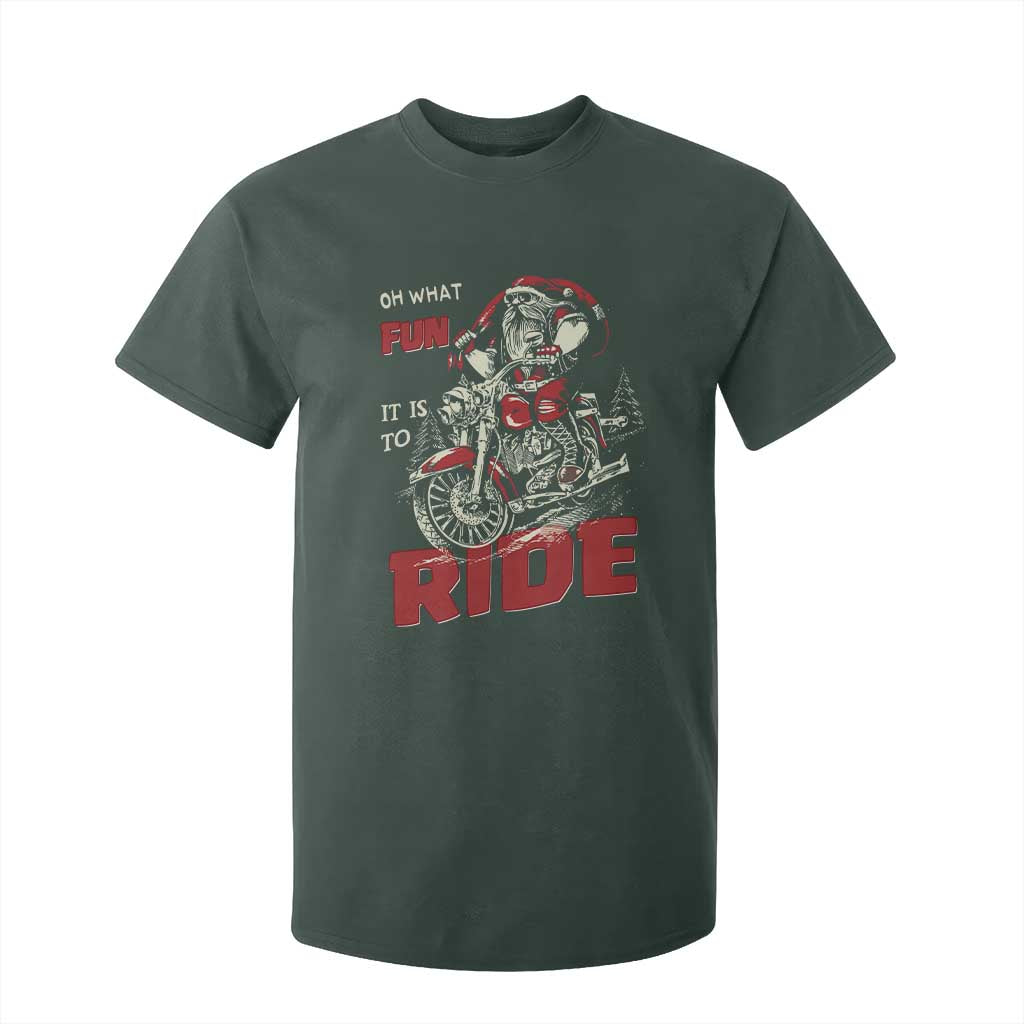 Funny Biker Christmas T Shirt For Kid Oh What Fun It Is To Ride Santa Riding On A Motorcycle TS10 Dark Forest Green Print Your Wear