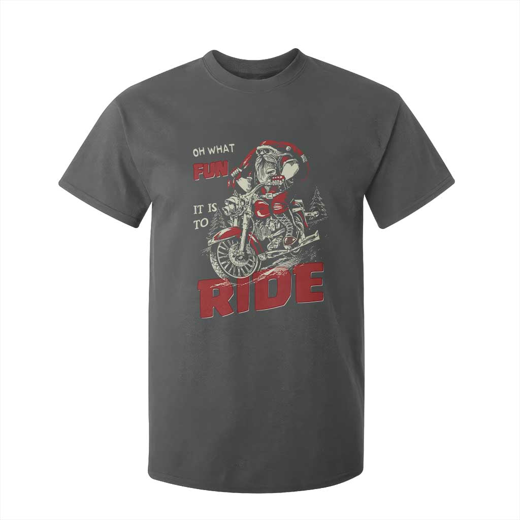 Funny Biker Christmas T Shirt For Kid Oh What Fun It Is To Ride Santa Riding On A Motorcycle TS10 Dark Heather Print Your Wear