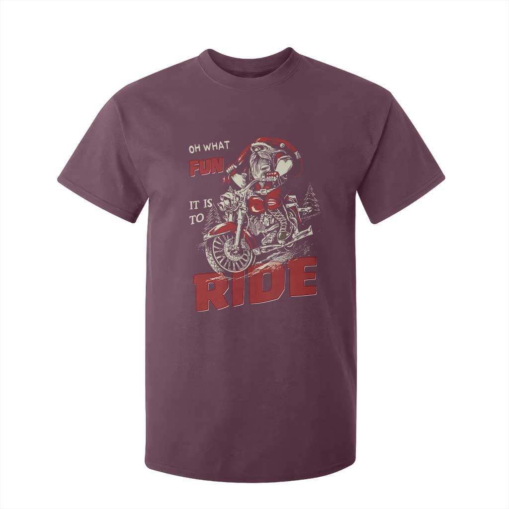 Funny Biker Christmas T Shirt For Kid Oh What Fun It Is To Ride Santa Riding On A Motorcycle TS10 Maroon Print Your Wear