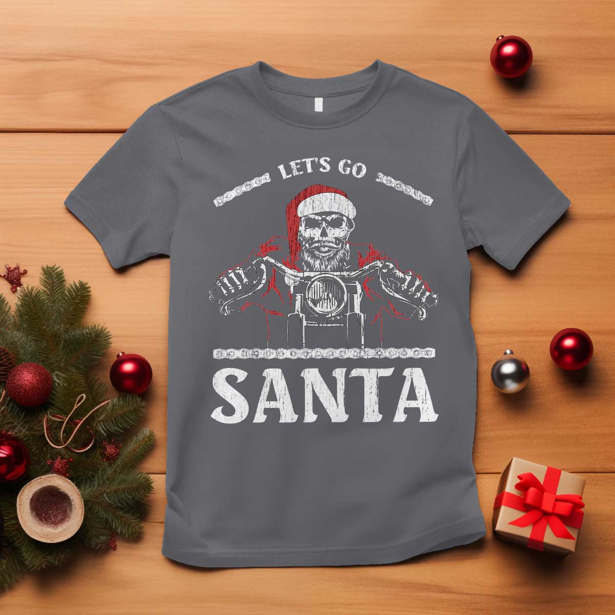 Funny Christmas Motorcycle Santa T Shirt Let's Go Santa Skull Motorbike Rider TS10 Charcoal Print Your Wear