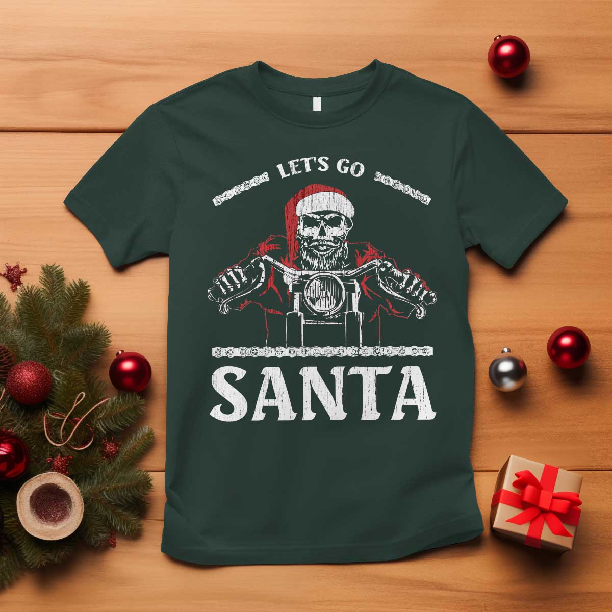 Funny Christmas Motorcycle Santa T Shirt Let's Go Santa Skull Motorbike Rider TS10 Dark Forest Green Print Your Wear