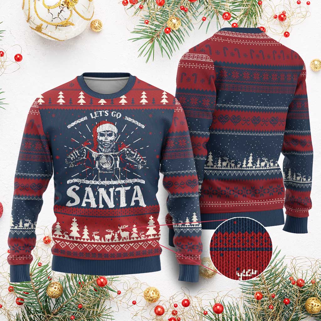 Funny Christmas Motorcycle Santa Ugly Christmas Sweater Let's Go Santa Skull Motorbike Rider TS10 Burgundy Print Your Wear