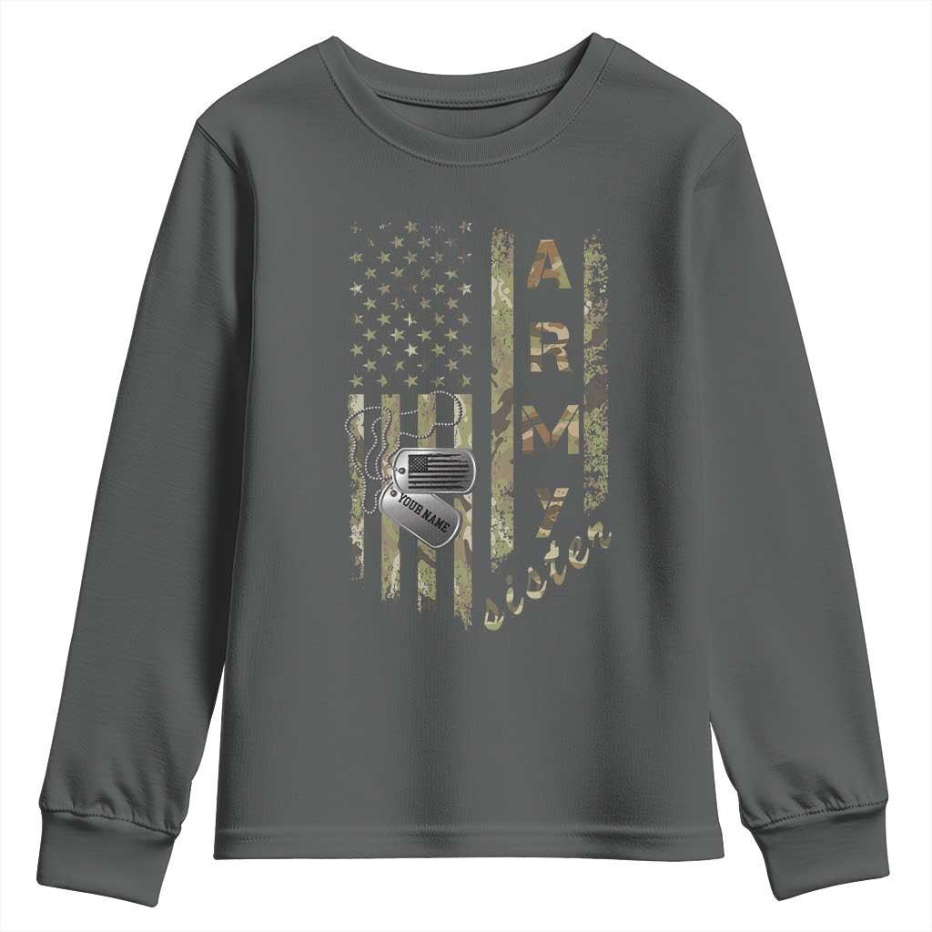 Personalized Vintage U.S. Army Sister Youth Sweatshirt Custom Name Tag Proud Military Family Member Soldier Graduation TS10 Dark Heather Print Your Wear