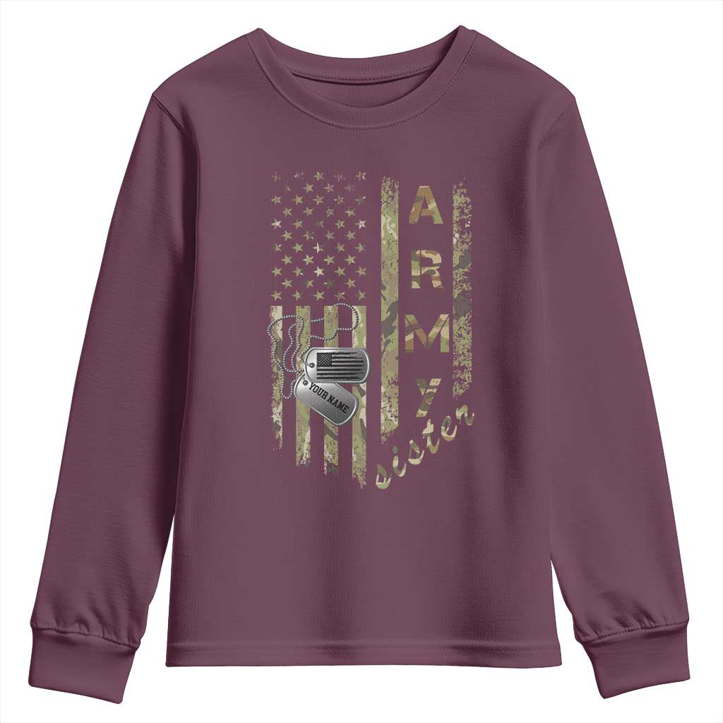 Personalized Vintage U.S. Army Sister Youth Sweatshirt Custom Name Tag Proud Military Family Member Soldier Graduation TS10 Maroon Print Your Wear