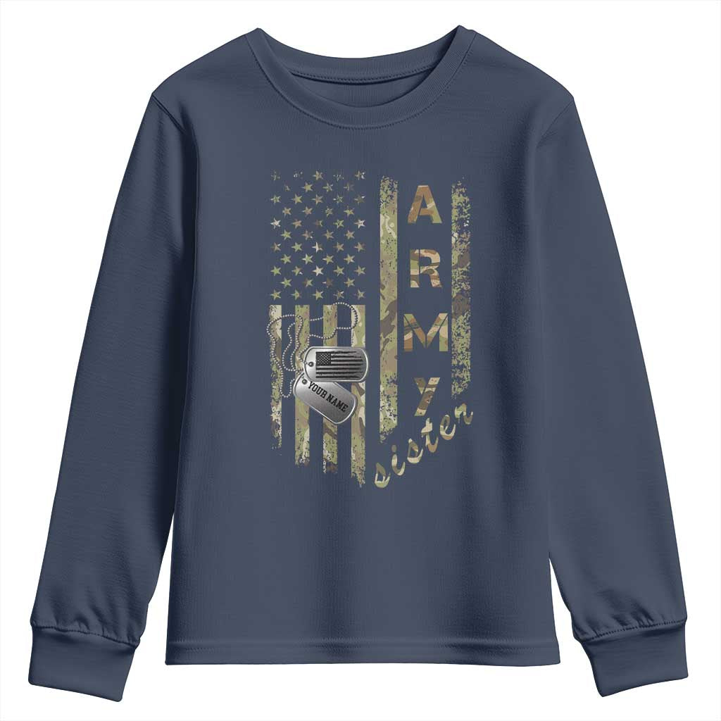 Personalized Vintage U.S. Army Sister Youth Sweatshirt Custom Name Tag Proud Military Family Member Soldier Graduation TS10 Navy Print Your Wear