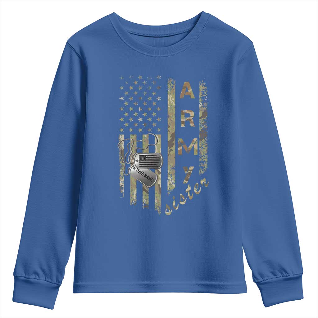 Personalized Vintage U.S. Army Sister Youth Sweatshirt Custom Name Tag Proud Military Family Member Soldier Graduation TS10 Royal Blue Print Your Wear