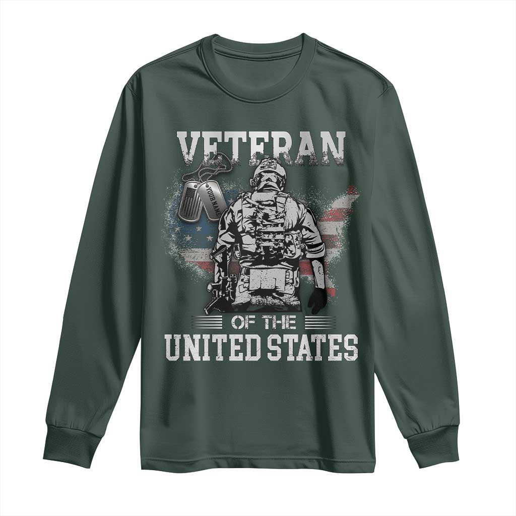 Personalized Veteran Flag Long Sleeve Shirt Custom Name Tag U.S. Army TS10 Dark Forest Green Print Your Wear