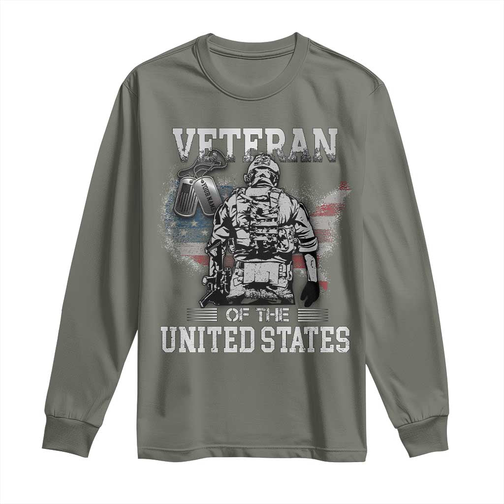 Personalized Veteran Flag Long Sleeve Shirt Custom Name Tag U.S. Army TS10 Military Green Print Your Wear