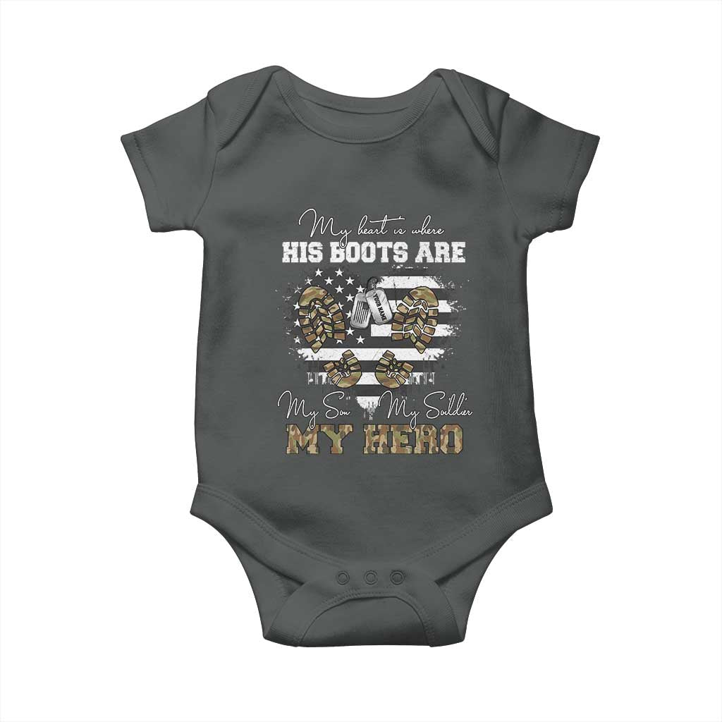 Personalized Army Mom Baby Onesie Custom Name Proud Military Family US Flag TS10 Dark Heather Print Your Wear