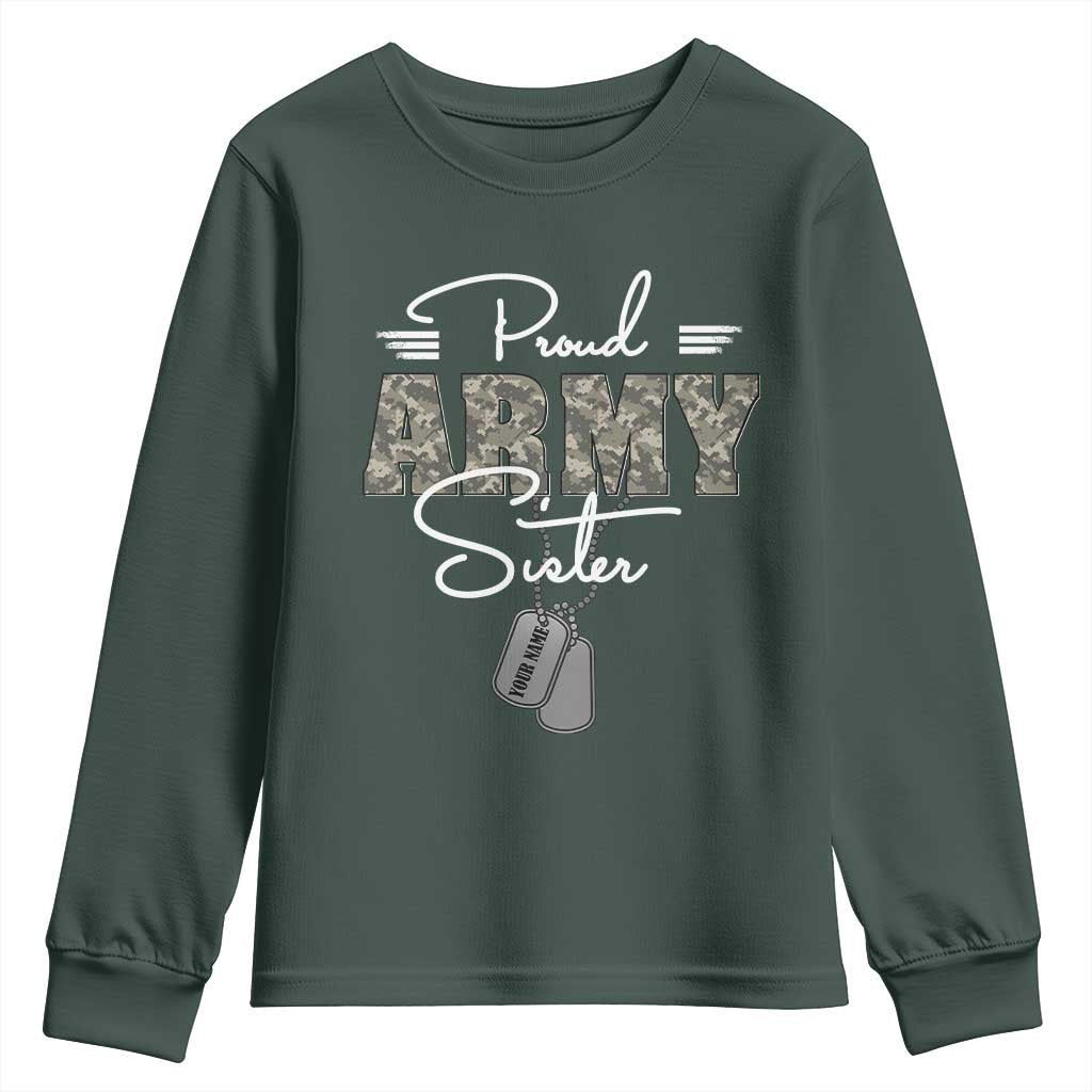 Personalized Army Family Youth Sweatshirt Custom Name Tag Proud Army Sister Military Camo TS10 Dark Forest Green Print Your Wear