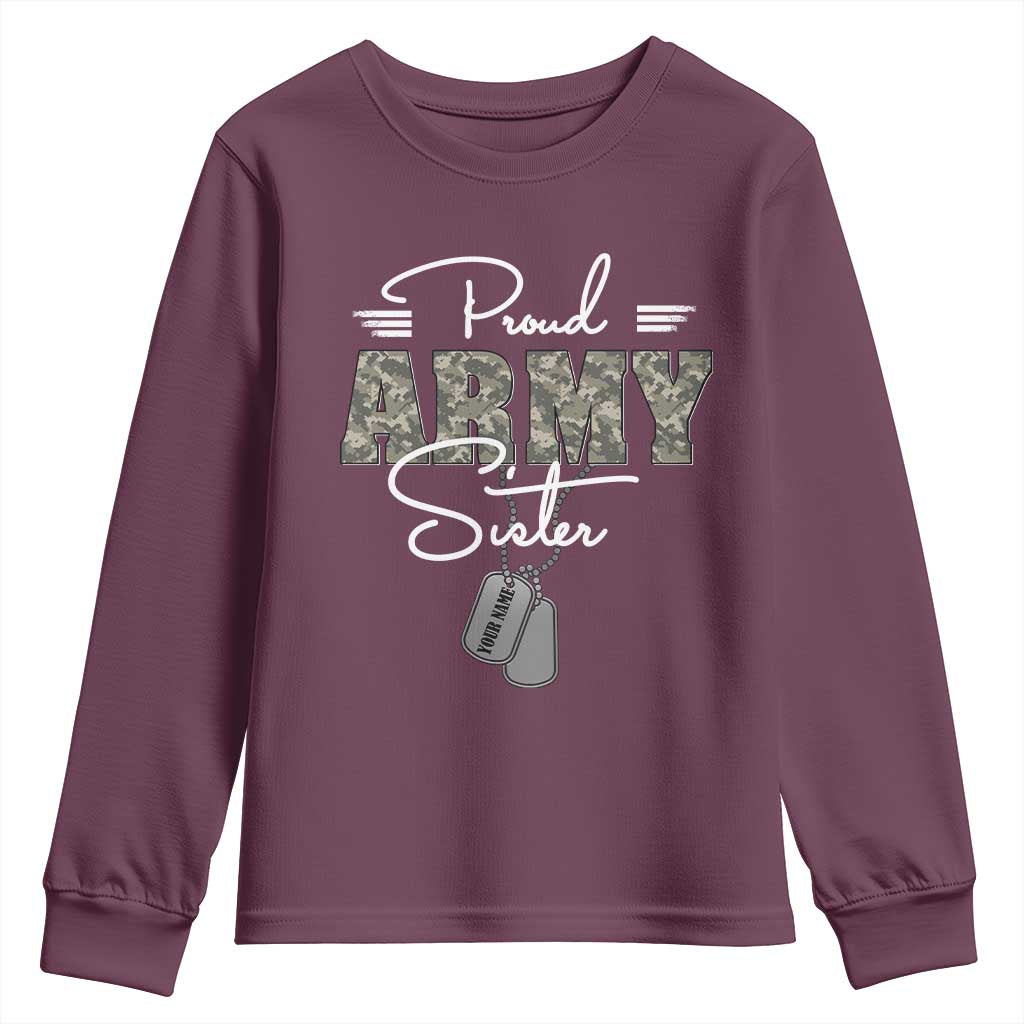 Personalized Army Family Youth Sweatshirt Custom Name Tag Proud Army Sister Military Camo TS10 Maroon Print Your Wear