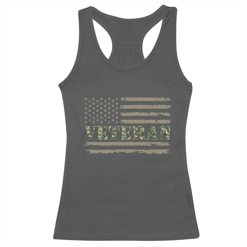 Veteran Racerback Tank Top Retro Patriotic Army Camouflage US Flag TS10 Dark Heather Print Your Wear