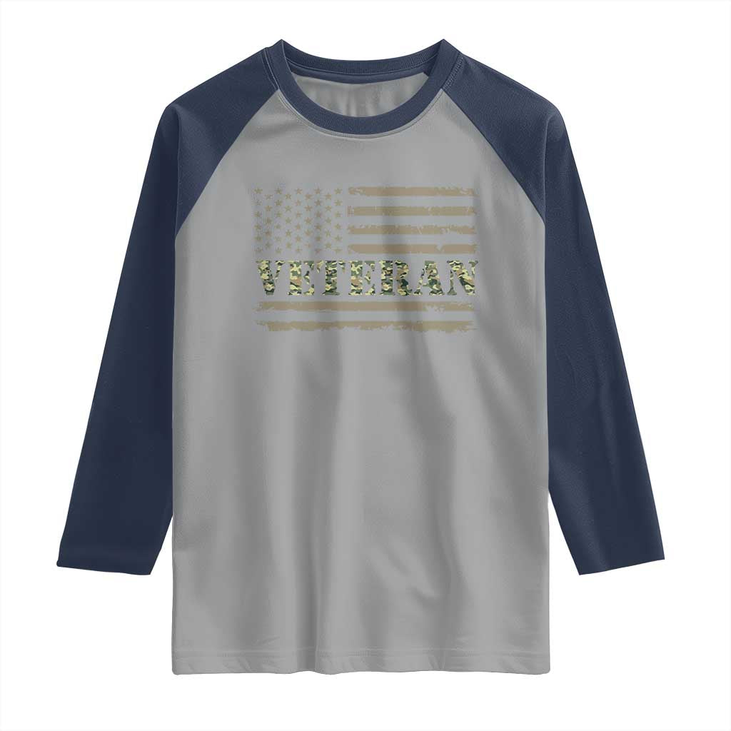 Veteran Raglan Shirt Retro Patriotic Army Camouflage US Flag TS10 Sport Gray Navy Print Your Wear