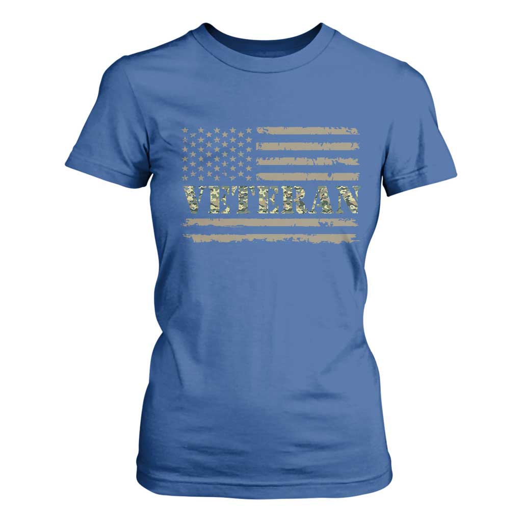 Veteran T Shirt For Women Retro Patriotic Army Camouflage US Flag TS10 Royal Blue Print Your Wear