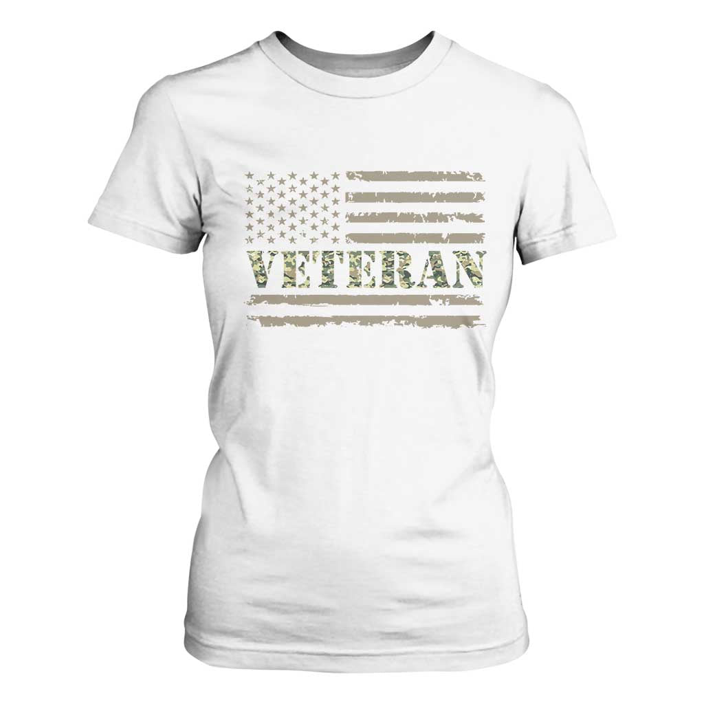 Veteran T Shirt For Women Retro Patriotic Army Camouflage US Flag TS10 White Print Your Wear