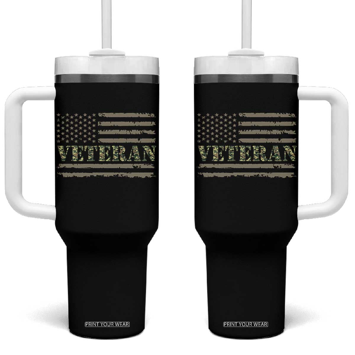 Veteran Tumbler With Handle Retro Patriotic Army Camouflage US Flag TS10 One Size: 40 oz Black Print Your Wear