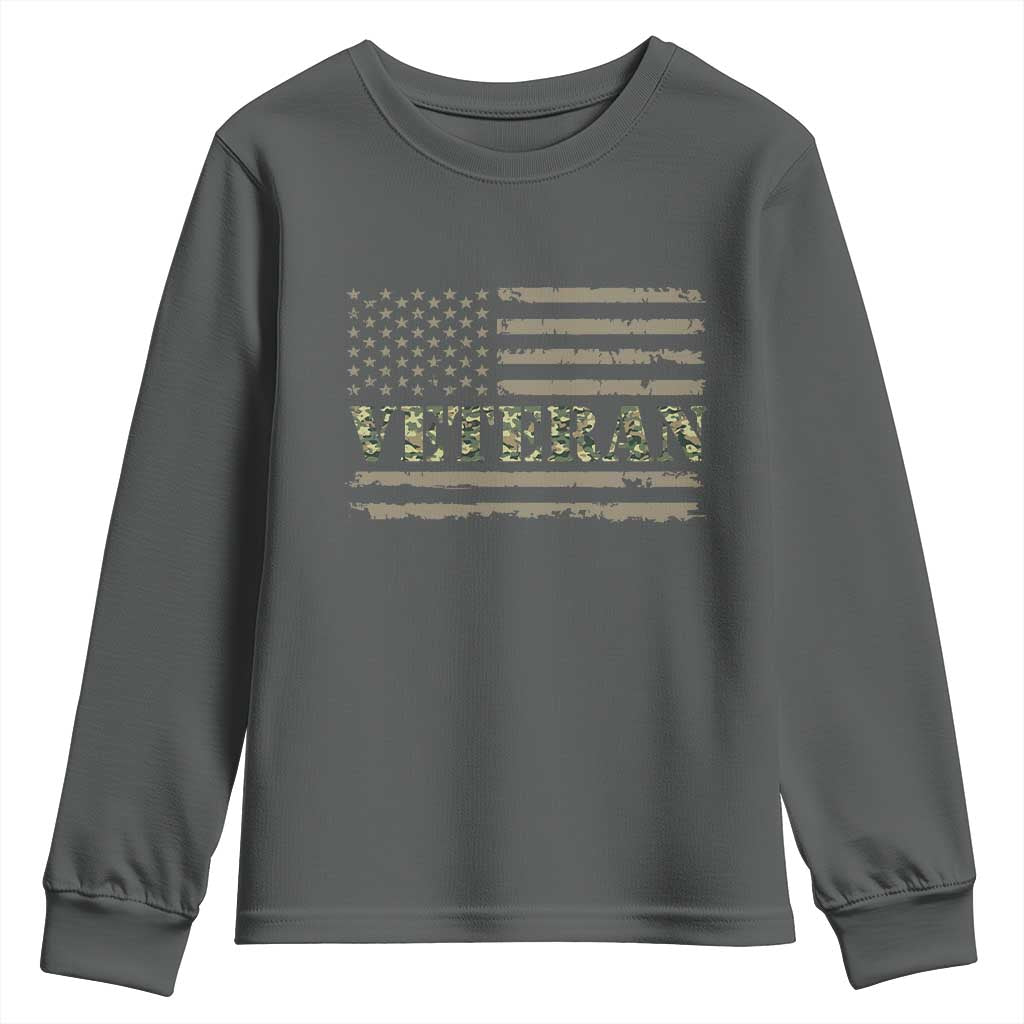 Veteran Youth Sweatshirt Retro Patriotic Army Camouflage US Flag TS10 Dark Heather Print Your Wear