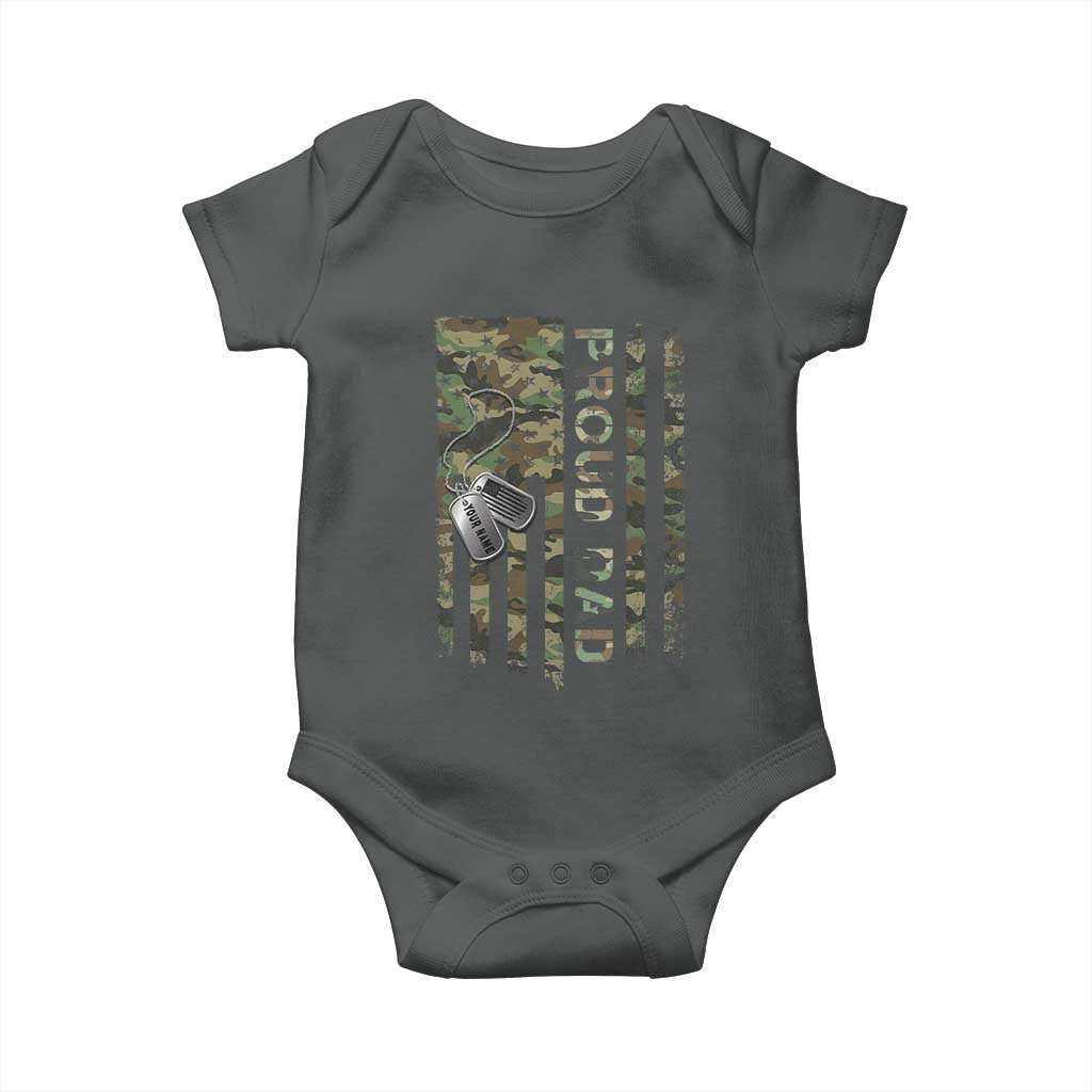 Personalized Proud Army Dad Baby Onesie Custom Name Dog Tag Camo American Flag Gift TS10 Dark Heather Print Your Wear