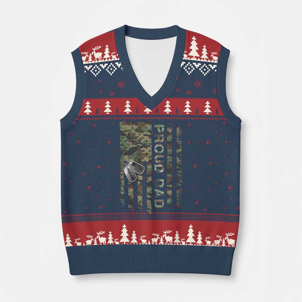 Personalized Proud Army Dad V-Neck Knit Sweater Vest Custom Name Dog Tag Camo American Flag Gift TS10 Navy Red Print Your Wear