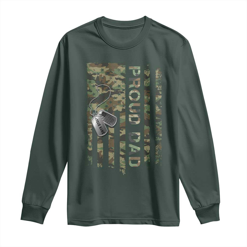 Personalized Proud Army Dad Long Sleeve Shirt Custom Name Dog Tag Camo American Flag Gift TS10 Dark Forest Green Print Your Wear